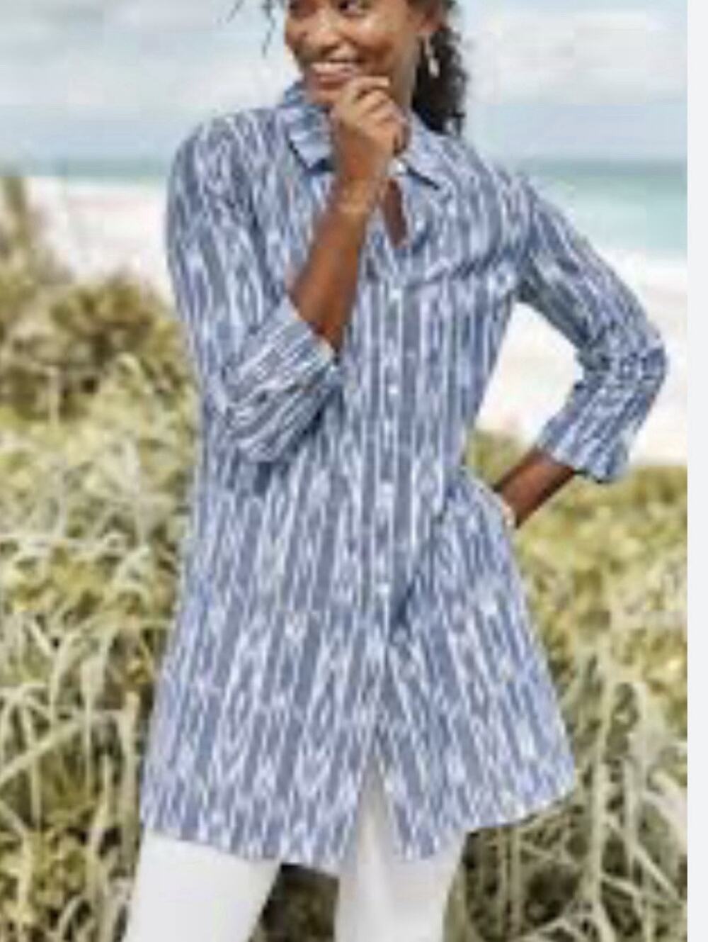 Pure J.Jill Women's Sz XL Cotton Blue White Tunic Button Front Pockets